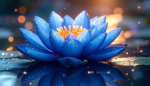 A vibrant blue lotus flower floats serenely on the water's surface