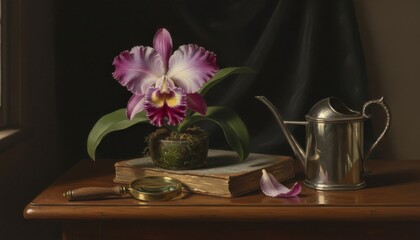 Floral still life, Cattleya orchid, antique book, magnifying glass, watering can, academic style, light box studio, elegant, home decor