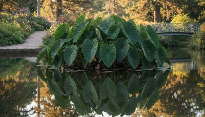 Xanthosoma plant cluster in pond reflects summer sunlight, lush greenery, zen calm, beautiful botany, natural beauty, botanical, organic, vibrant.