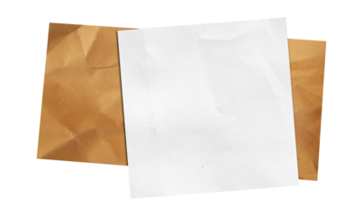 Blank White Square Paper Mockup on Crumpled Brown Kraft Sheet: Isolated With Clipping Path for Branding, Recycled Note Card Design, Minimalist Top View Layout for Art, Letterhead and Logo Display.