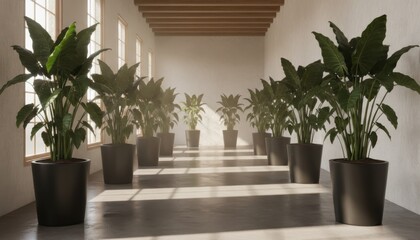 Sunlight Bathes Indoor Tropical Plant Collection Potted Strelitzia Augusta Creates Natural, Minimalist, Tranquil Zen in Bright Hallway Design