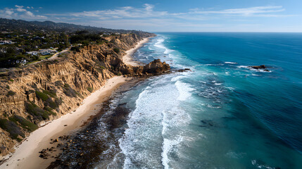 Aerial view of a serene ocean coastline with sandy beach and rocky cliffs under a blue sky