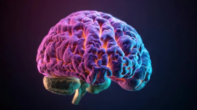 Neon human brain glowing neural cortex and neuron anatomy model with colorful neural pathways