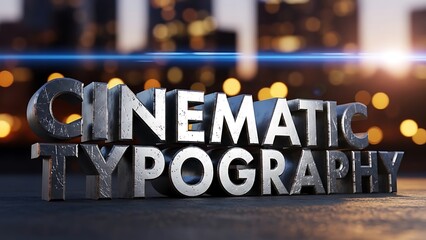 Cinematic Typography 3D Metallic Text Effect Over Blurred City Night Background