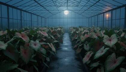 Eerie moonlight greenhouse Rows of caladiums under glowing moon. Tranquil scene, surreal ambiance. Nature's beauty in an architectural space.
