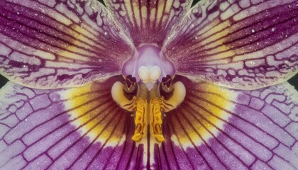 Orchid macro symmetry, symmetrical abstract flower, fantasy botanical natural arrangement, purple, yellow hues, fine art photography closeup