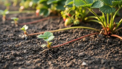 Strawberry plant runner propagates in a garden bed, sunlight, close-up view, horticulture, backyard gardening, springtime, selective focus, earth