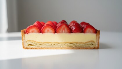 Strawberry tart pastry perfection creamy custard filling, fresh strawberries, detailed crust in a bright, inviting food photography setting.