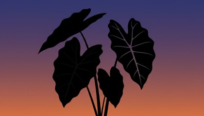 Tropical elephant ear plant silhouetted against an ombre sunset sky; minimal, geometric, and calming, vector art