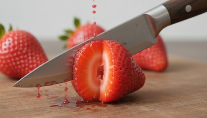 Close-up of knife slicing a ripe strawberry on wood cutting board. Healthy food prep. Food photography. Red drips. Minimal. Bright.