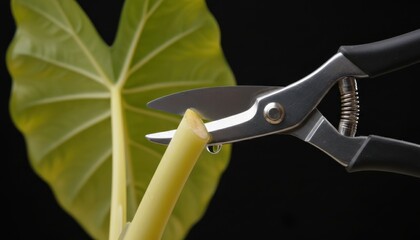 Alocasia care close-up pruning stem with scissors. Garden task. Studio macro shot. Gardening concept. Plant care, clipping, trimming, detail.