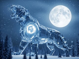 Majestic glass sculpture of a roaring tiger in a snowy pine forest under a large full moon, winter fantasy atmosphere.