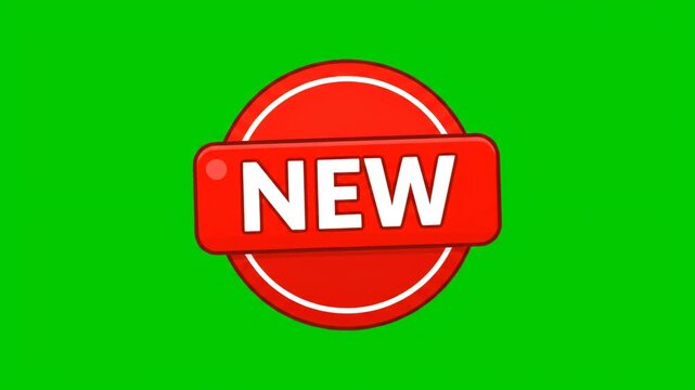 Flat 2D Cartoon Animation of a Red 'New' Badge on Green Screen
