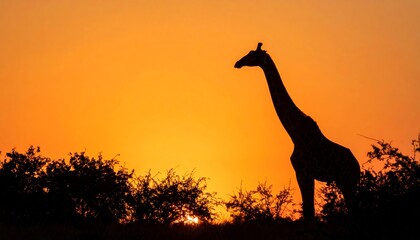 Silhouette of a giraffe standing among bushes at sunset.