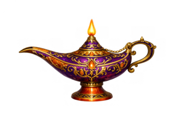 Ornate magic lamp with glowing flame, symbolizing wishes, dreams, fantasy, mystery and ancient legends, on transparent background