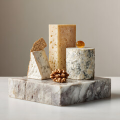 Assorted Cheeses Still Life on Marble, Cream and Blue Food Composition