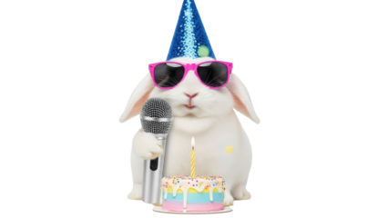 Cute White Rabbit Wearing Blue Party Hat and Pink Sunglasses Holding Microphone with Birthday Cake isolated PNG with Transparent Background