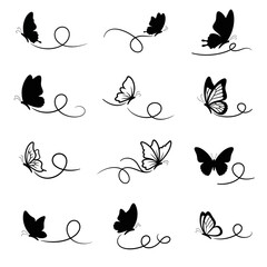 Elegant vector butterflies soaring with delicate swirls, perfect for modern designs, invitations, nature themes, and spring projects. Minimalist beauty.