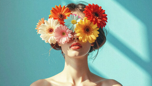 花で目元を隠した女性のフィルム写真風ポートレート