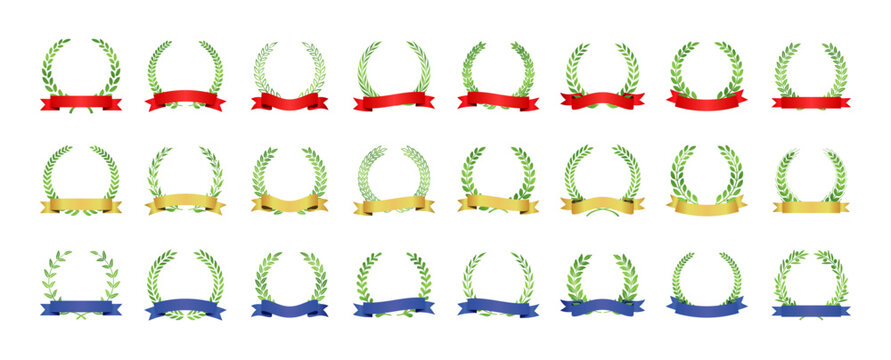 緑の月桂冠と赤・金・青のリボンのベクターイラストセット｜Green laurel wreath and ribbon illustration set in red, gold and blue
