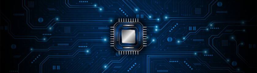 Microchip processor circuit board technology on dark blue background. Information Processing Concept. Circuit board hi-tech technology background. vector illustration