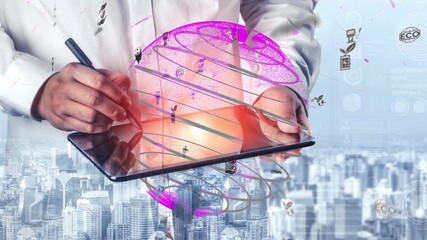 A professional engaged in using a digital tablet to develop global business strategies, surrounded by technology icons and an urban cityscape. Xenic - Powered by Adobe