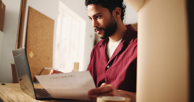 Ecommerce, paper or man with laptop in office, supply chain admin or check product production price. Reading, merchandise invoice or entrepreneur research for cost effective supplier, pc or startup