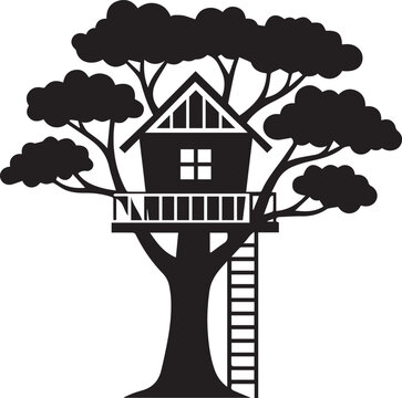 Treehouse built on sturdy branches with rope ladder Silhouette vector black on a white background