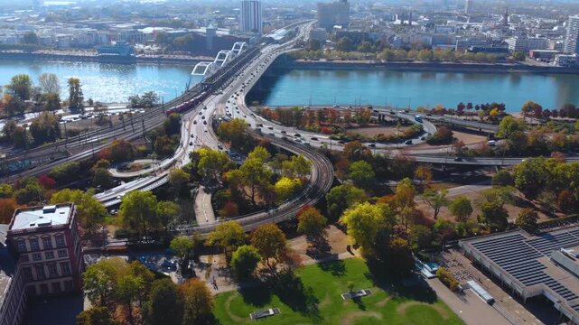 Aerial view around the city of Mannheim in Germany beside the Rhine river on a sunny autumn day