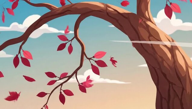An illustration of a red-leafed tree in a breeze, set against a blue and orange sky with some light clouds.
