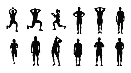 Silhouette illustrations depicting various human poses and fitness exercises