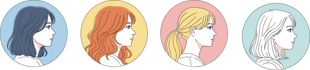 Stylized Female Profile Portrait Set with Colorful Hair and Backgrounds for Diversity, Personality, and Modern Character Design Themes © Sahed