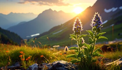Purple Wildflower in Golden Sunrise Over Misty Mountain Landscape with Alpine Meadow