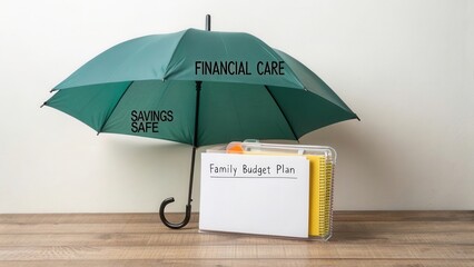 Green umbrella representing financial care with family budget plan notebook on wooden surface for financial protection