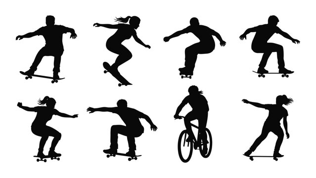 Silhouettes of people enjoying various extreme sports and recreational activities