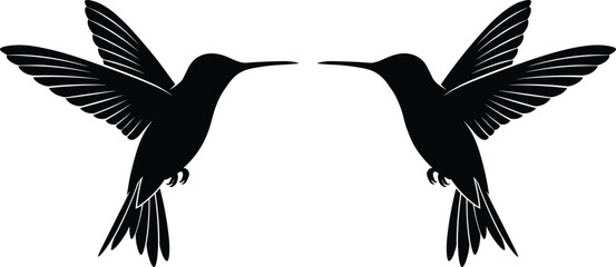 Hummingbird silhouette vector, symmetrical flying birds, black minimal design, mirrored composition, wildlife art, flat illustration, isolated white background, cad drawing flat vector illustration © Hello World