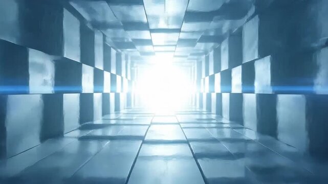 Abstract futuristic tunnel with glowing light at the end, creating a sense of depth.