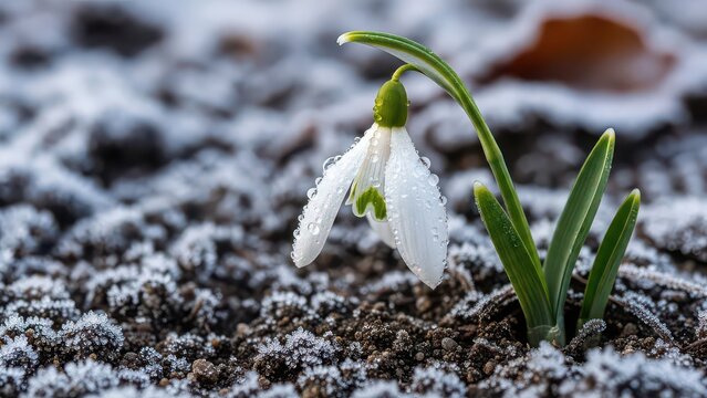 Single snowdrop blooming in winter snow