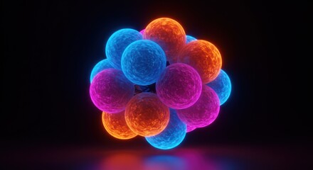 Abstract molecular structure with glowing spheres against dark background