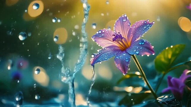 Cool color palette, a delicate vara flower in vivid bloom, splashed by water, droplets scattering with crystal clarity, illuminated by soft golden sunlight, with a glowing, bokeh background