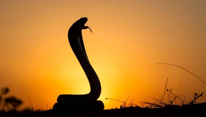Silhouette of a snake standing on a rock at sunset with orange sky.