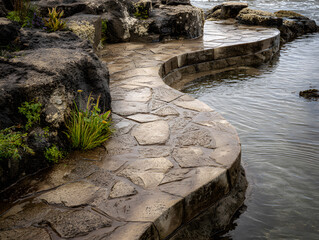 Stone Path Curving Along Calm Water's Edge, Reflective Gray Surface