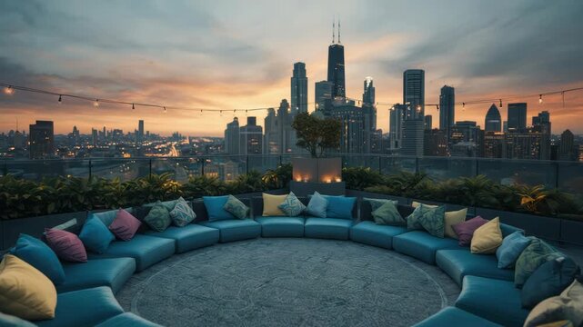 Rooftop circular lounge with teal cushion overlooking city skyline sunset, string lights cozy