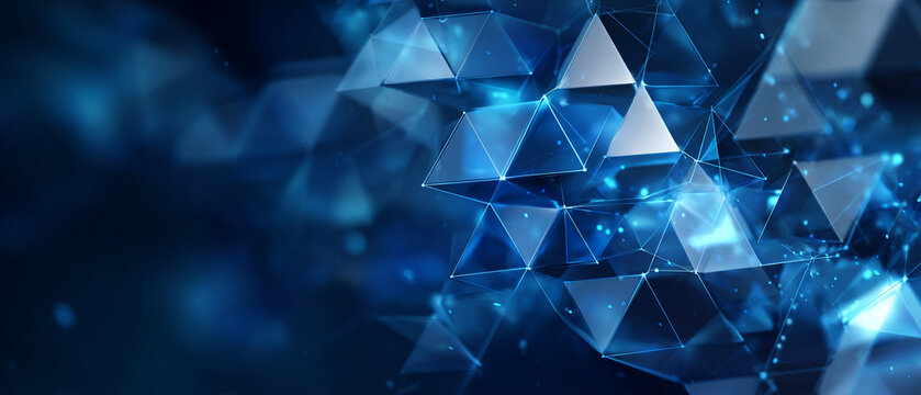 A futuristic digital illustration of glowing blue triangles on a dark background