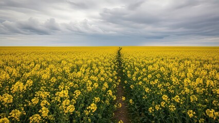 Fototapeta premium Expansive field of golden yellow flowers under a cloudy sky