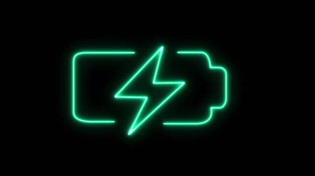 Neon battery charging icon animation on the black background. Glowing battery fast charging.Glowing neon battery charging on background....