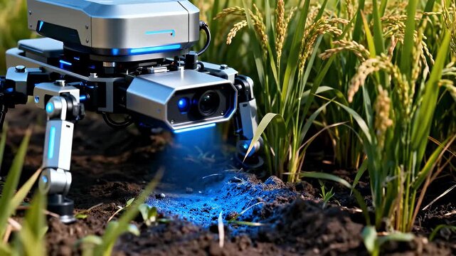 An advanced agricultural robot with multiple legs and a blue light sensor inspecting crops in a green field.