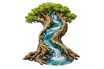 Fantasy tree with waterfall and flowing river water, illustrating nature, ecosystem, life, growth, and natural magic on transparent background