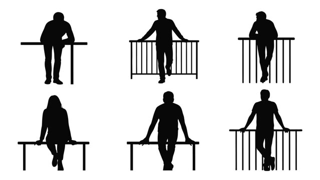 Silhouettes of people standing and sitting on balconies or ledges