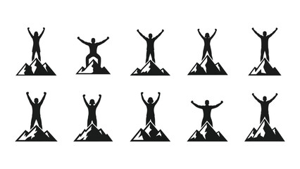 Silhouette figures celebrating victory atop mountain peaks a symbol of achievement